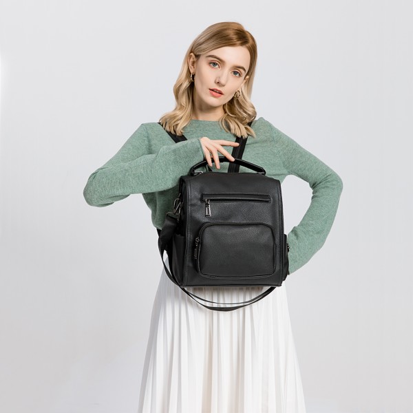 LB1967 - Miss Lulu Leather Look Multi-way Backpack Shoulder Bag - Black